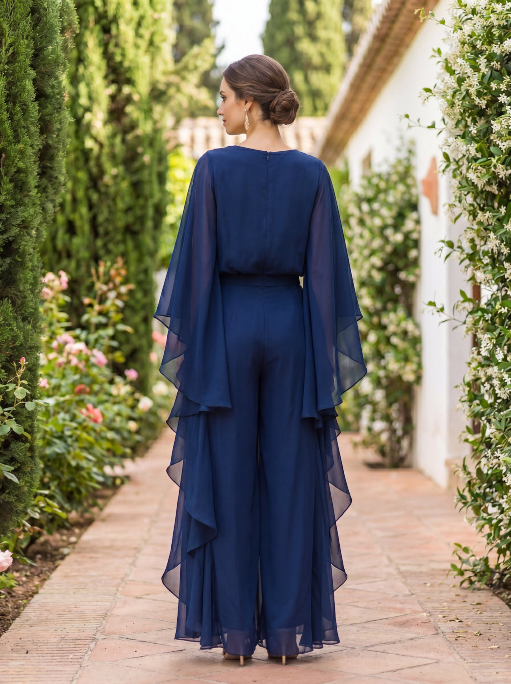 Conjunto Elegante de Top de Manga Ancha con Volantes y Pantalón Recto en Crepé