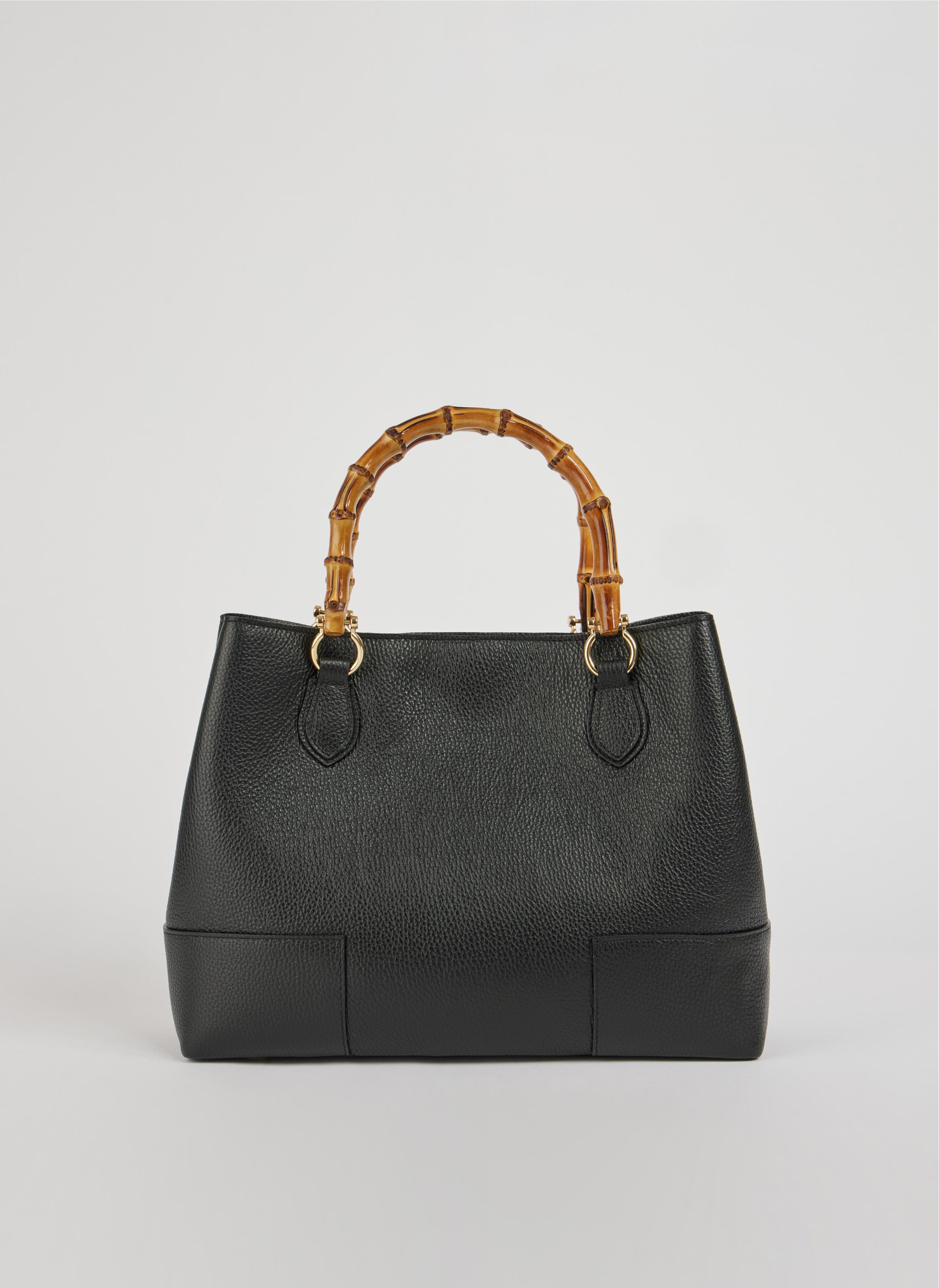 Bolso de Piel Martilleada Negra con Asas de Bambú y Herrajes Dorados