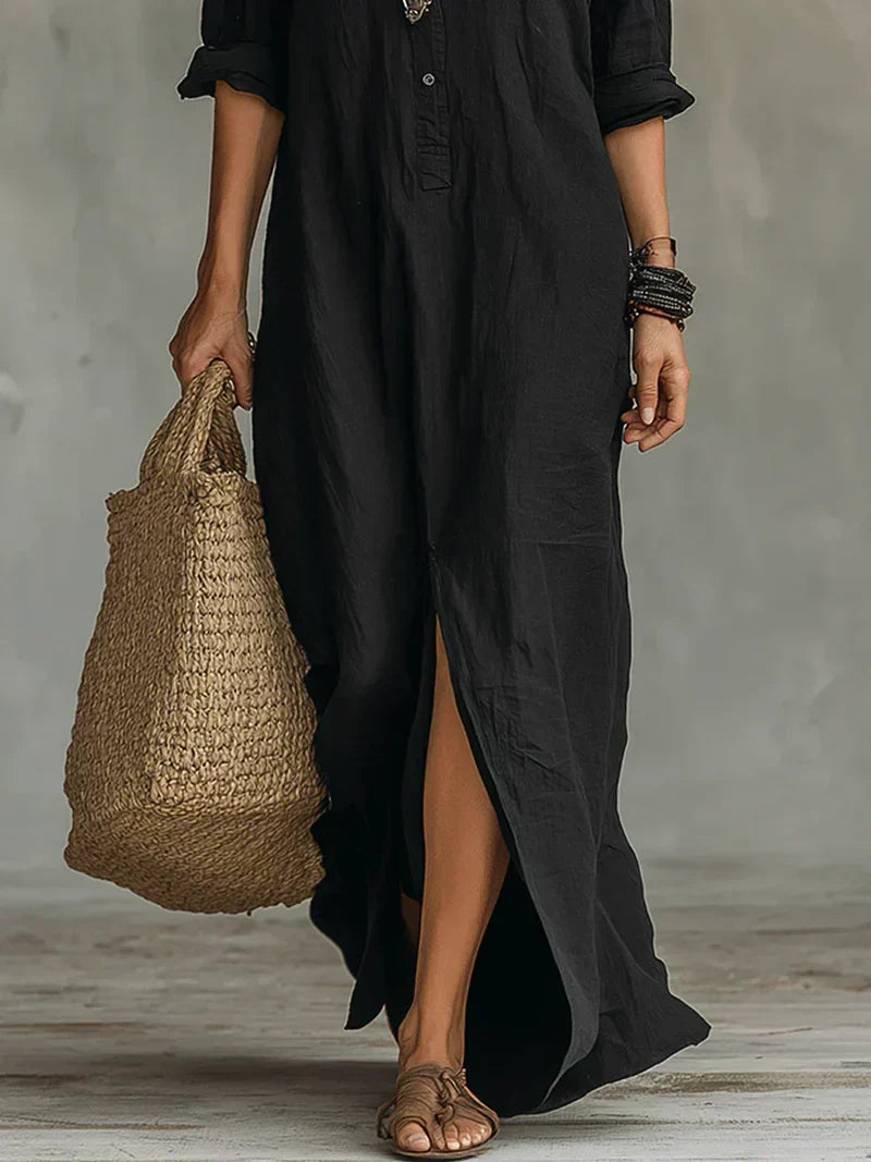 Vestido Maxi Boho de Cuello Camisero, Abertura Lateral y Mangas Remangables