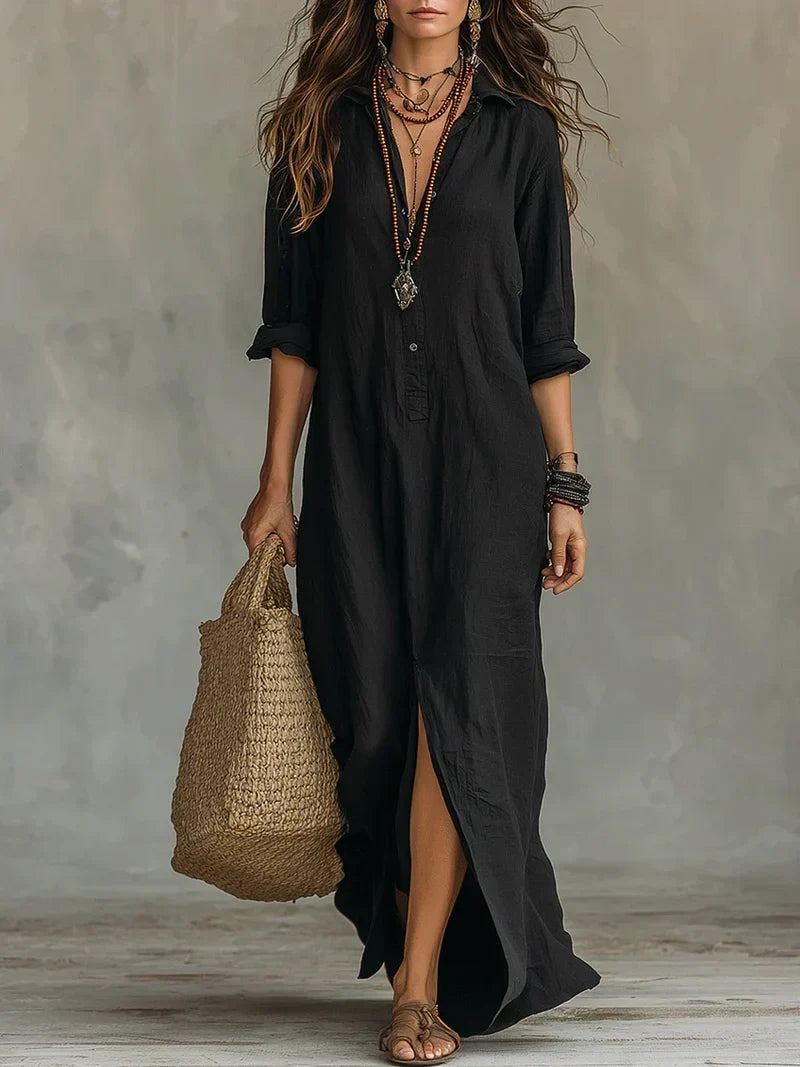 Vestido Maxi Boho de Cuello Camisero, Abertura Lateral y Mangas Remangables