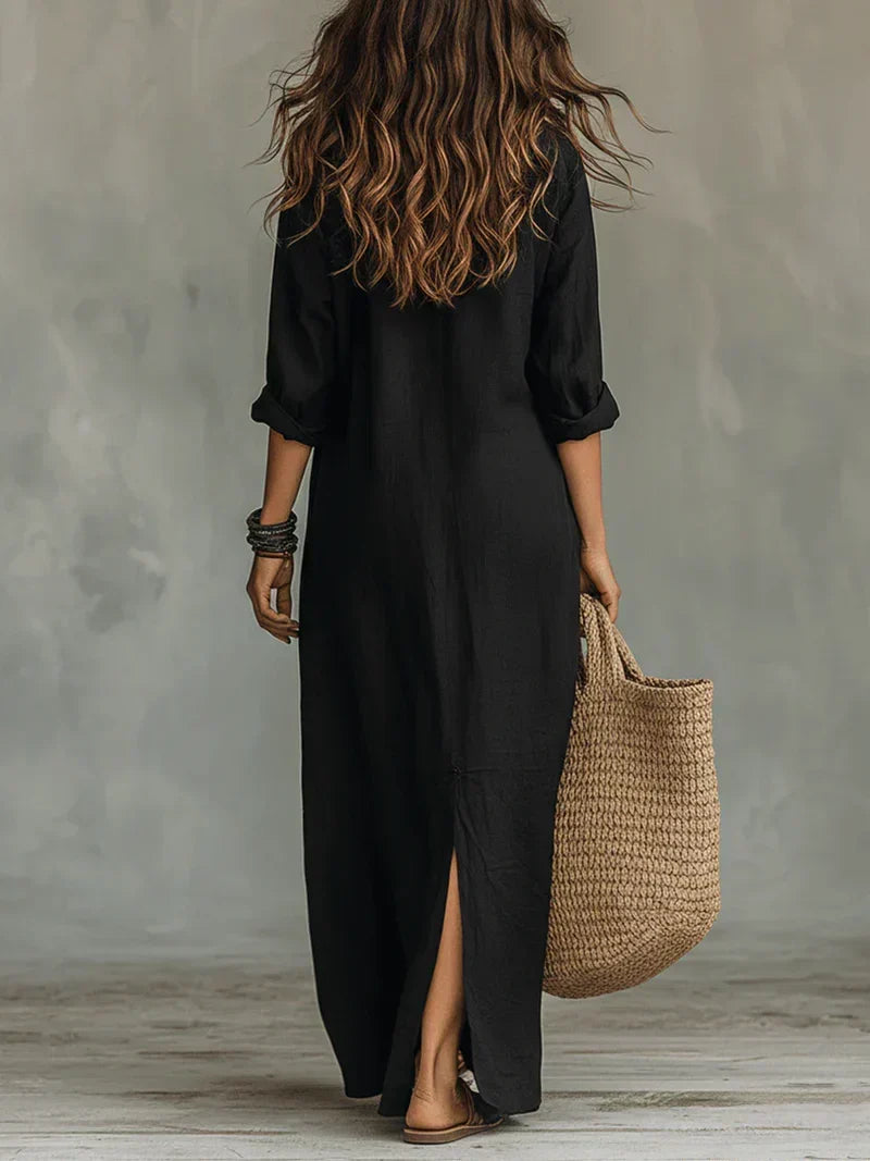 Vestido Maxi Boho de Cuello Camisero, Abertura Lateral y Mangas Remangables