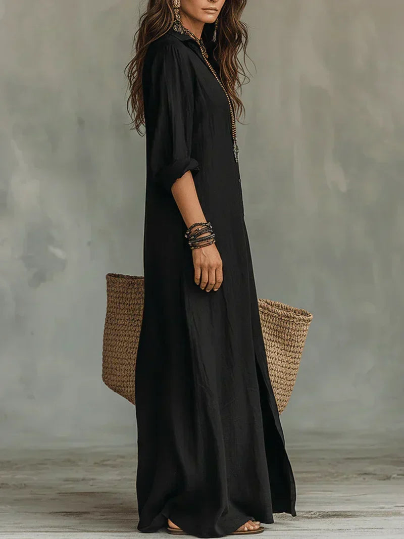 Vestido Maxi Boho de Cuello Camisero, Abertura Lateral y Mangas Remangables