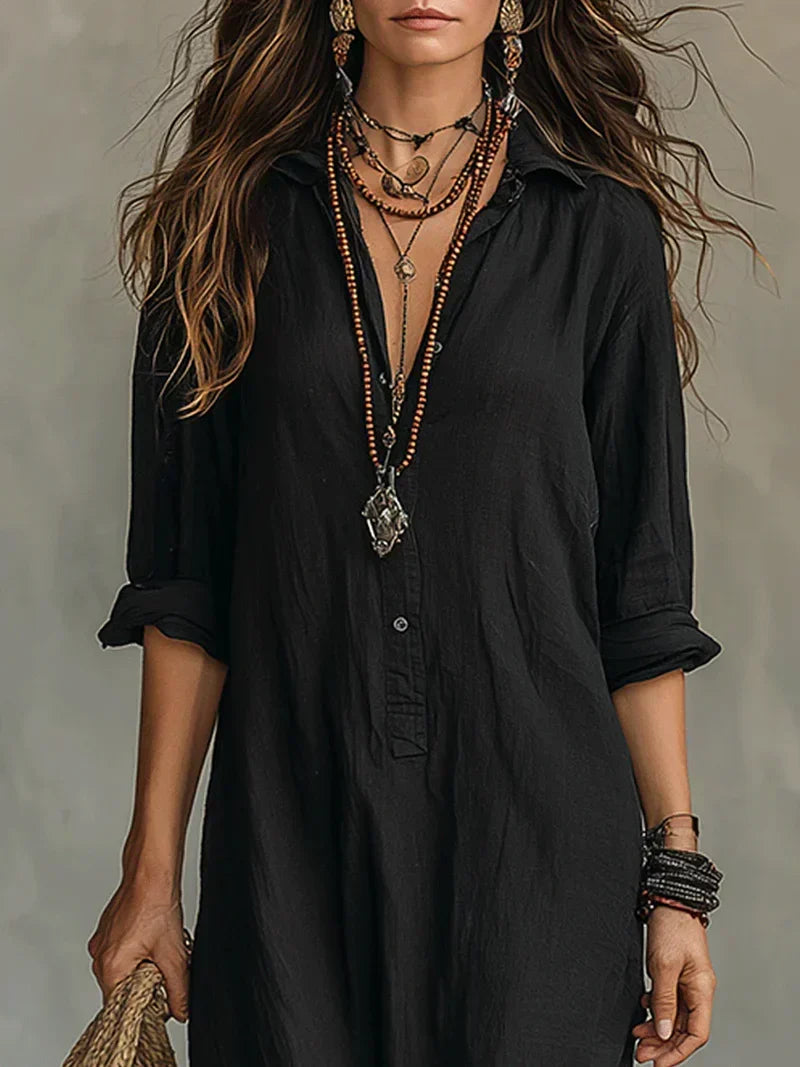 Vestido Maxi Boho de Cuello Camisero, Abertura Lateral y Mangas Remangables