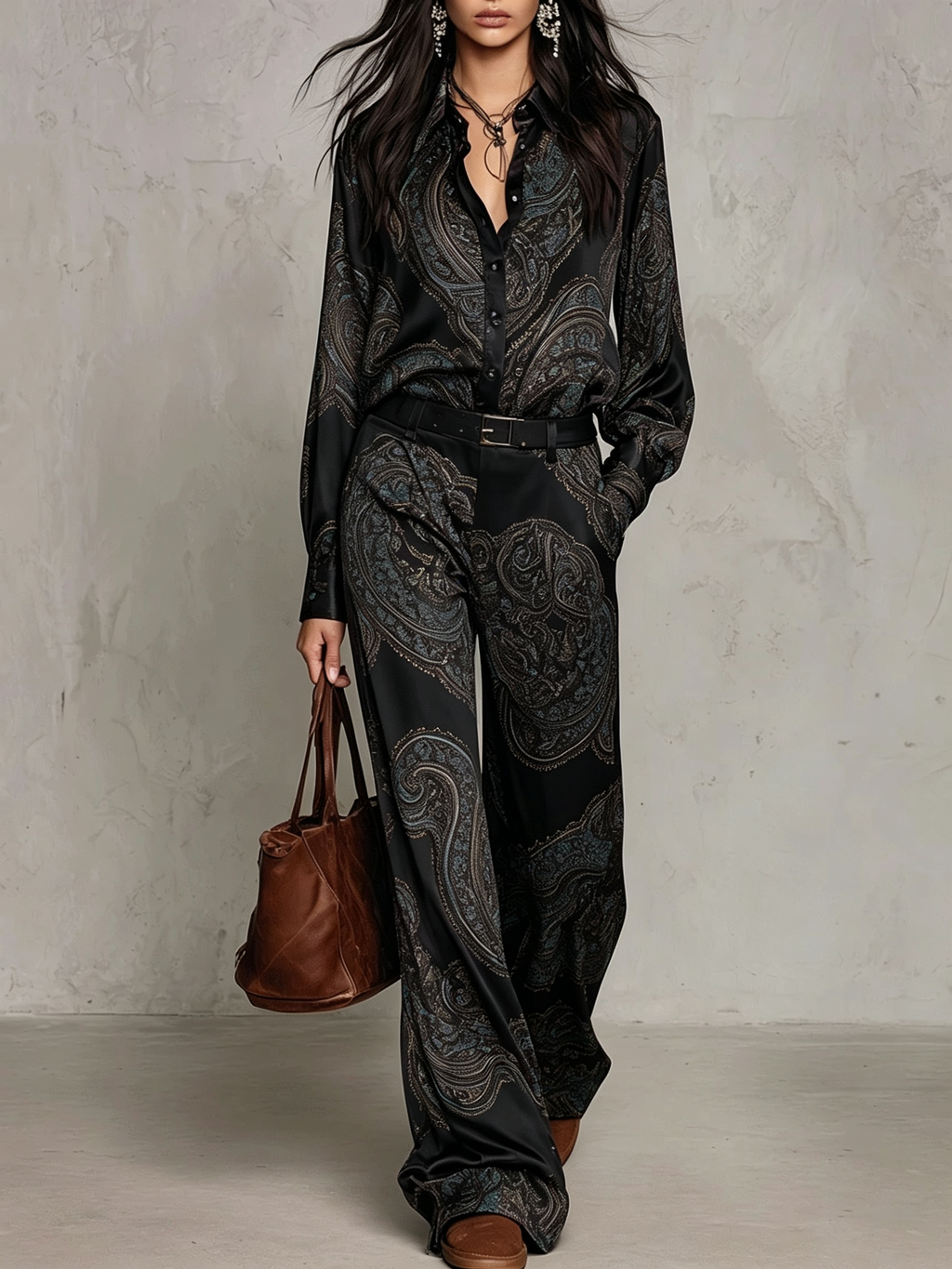 Conjunto Negro: Camisa Satinada Estampado Paisley de Manga Larga y Pantalón Ancho (con Cinturón)