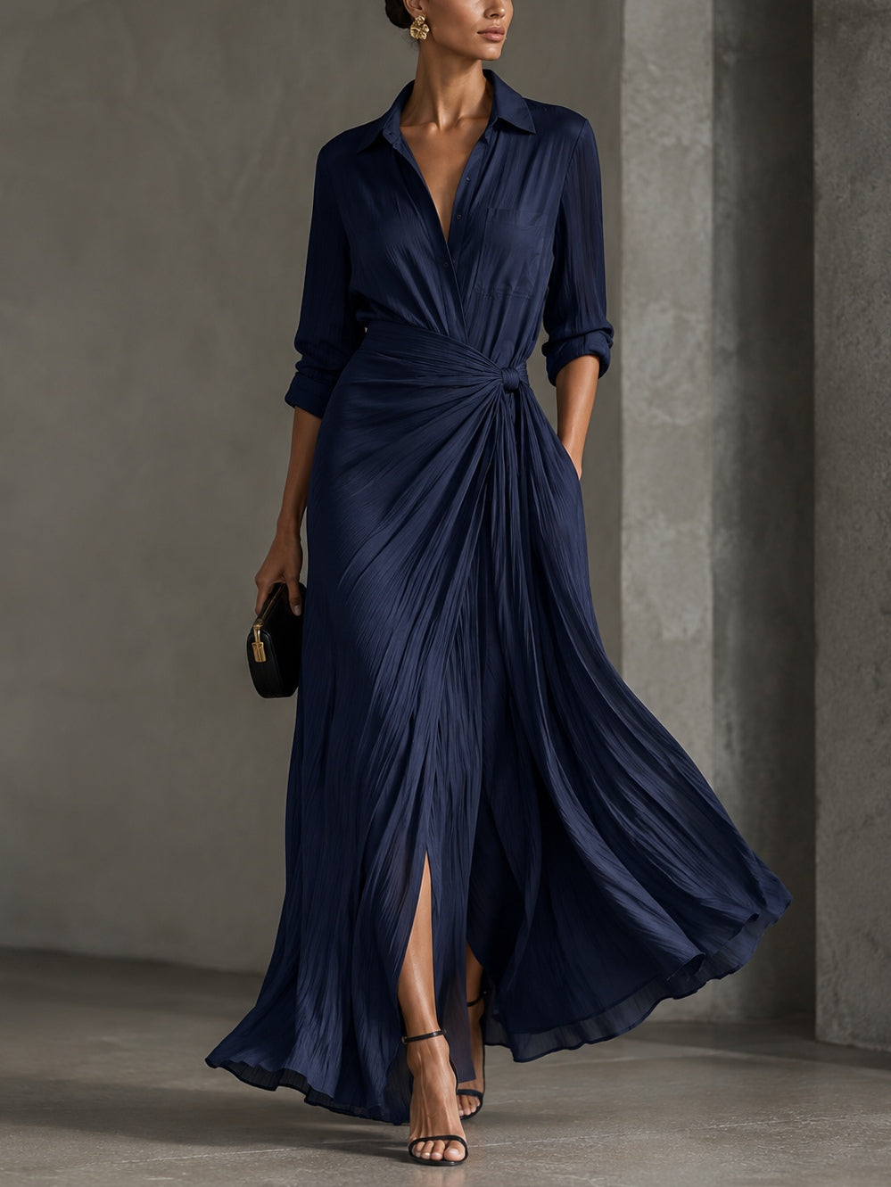 Vestido Camisero Maxi Elegante Azul Marino con Anudado