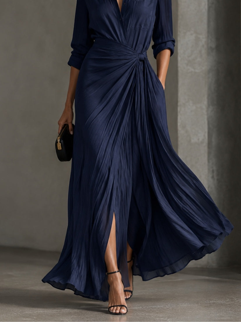 Vestido Camisero Maxi Elegante Azul Marino con Anudado
