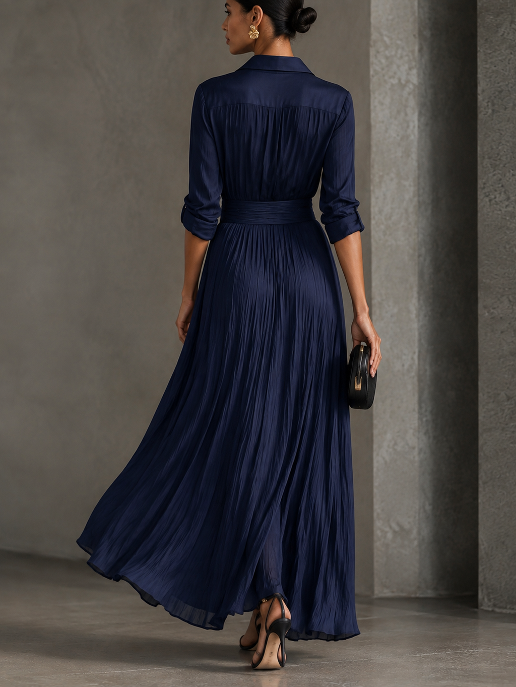 Vestido Camisero Maxi Elegante Azul Marino con Anudado