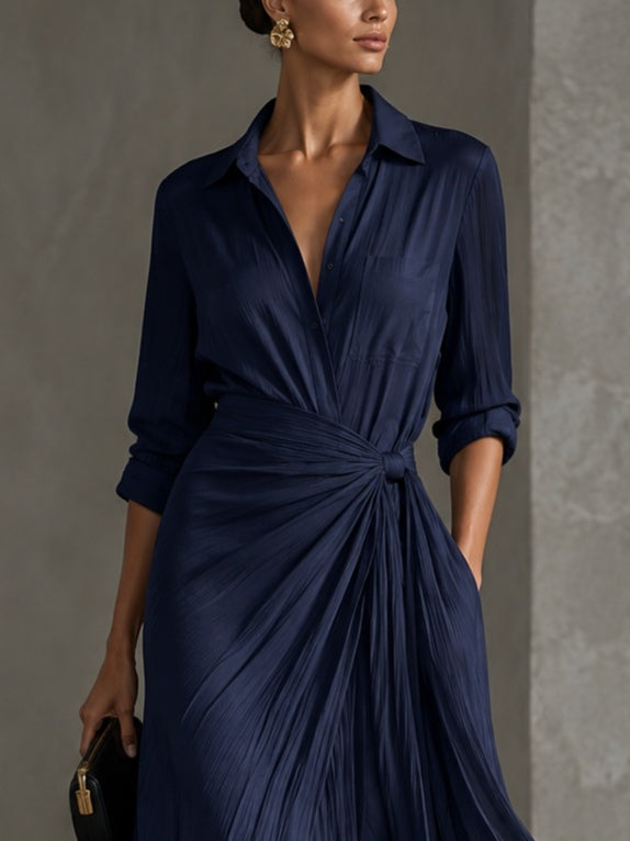 Vestido Camisero Maxi Elegante Azul Marino con Anudado