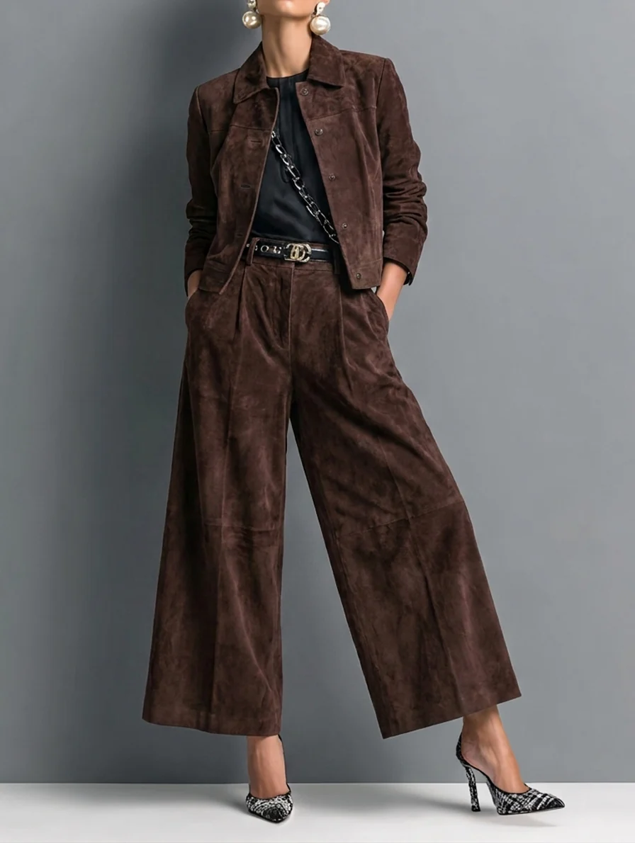Conjunto Marrón Oscuro: Chaqueta de Ante Sintético y Pantalón Ancho