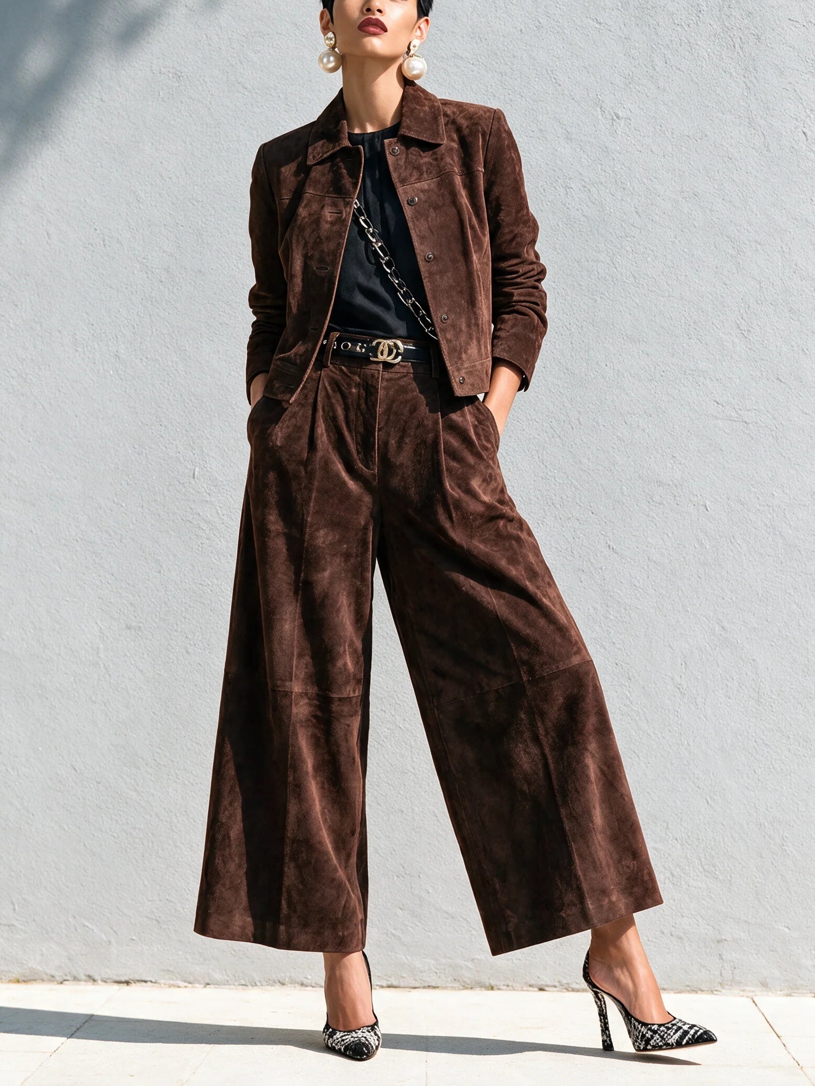 Conjunto Marrón Oscuro: Chaqueta de Ante Sintético y Pantalón Ancho