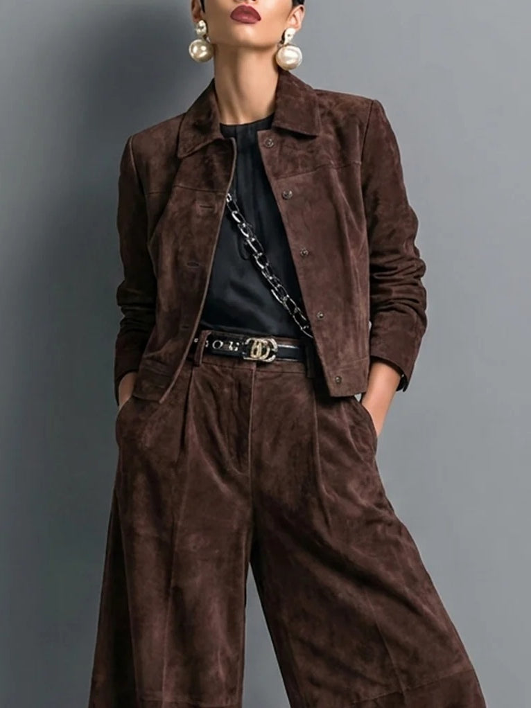 Conjunto Marrón Oscuro: Chaqueta de Ante Sintético y Pantalón Ancho