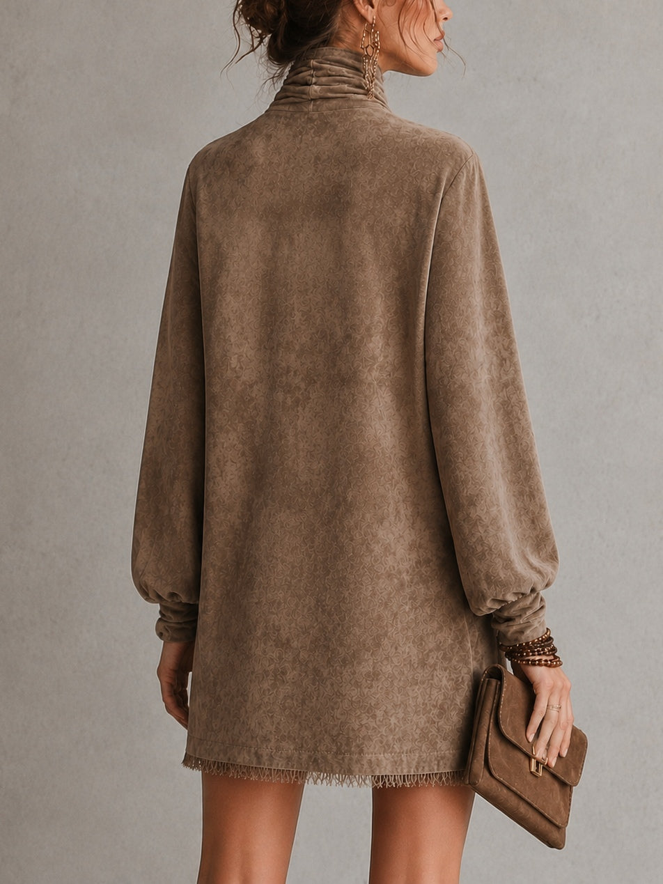 Vestido Mini Marrón Holgado de Ante Sintético con Detalle de Lazo y Mangas Farol