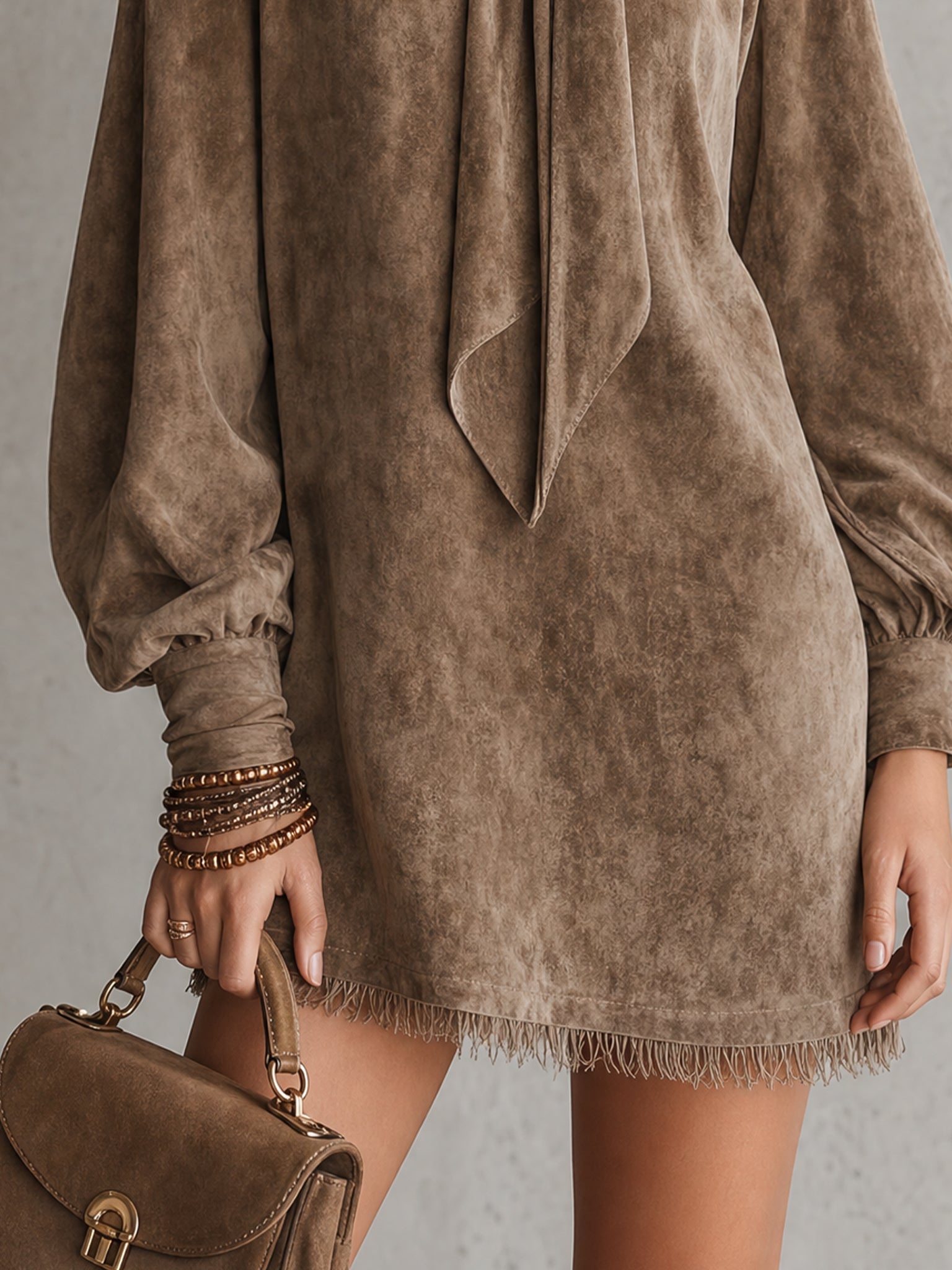 Vestido Mini Marrón Holgado de Ante Sintético con Detalle de Lazo y Mangas Farol