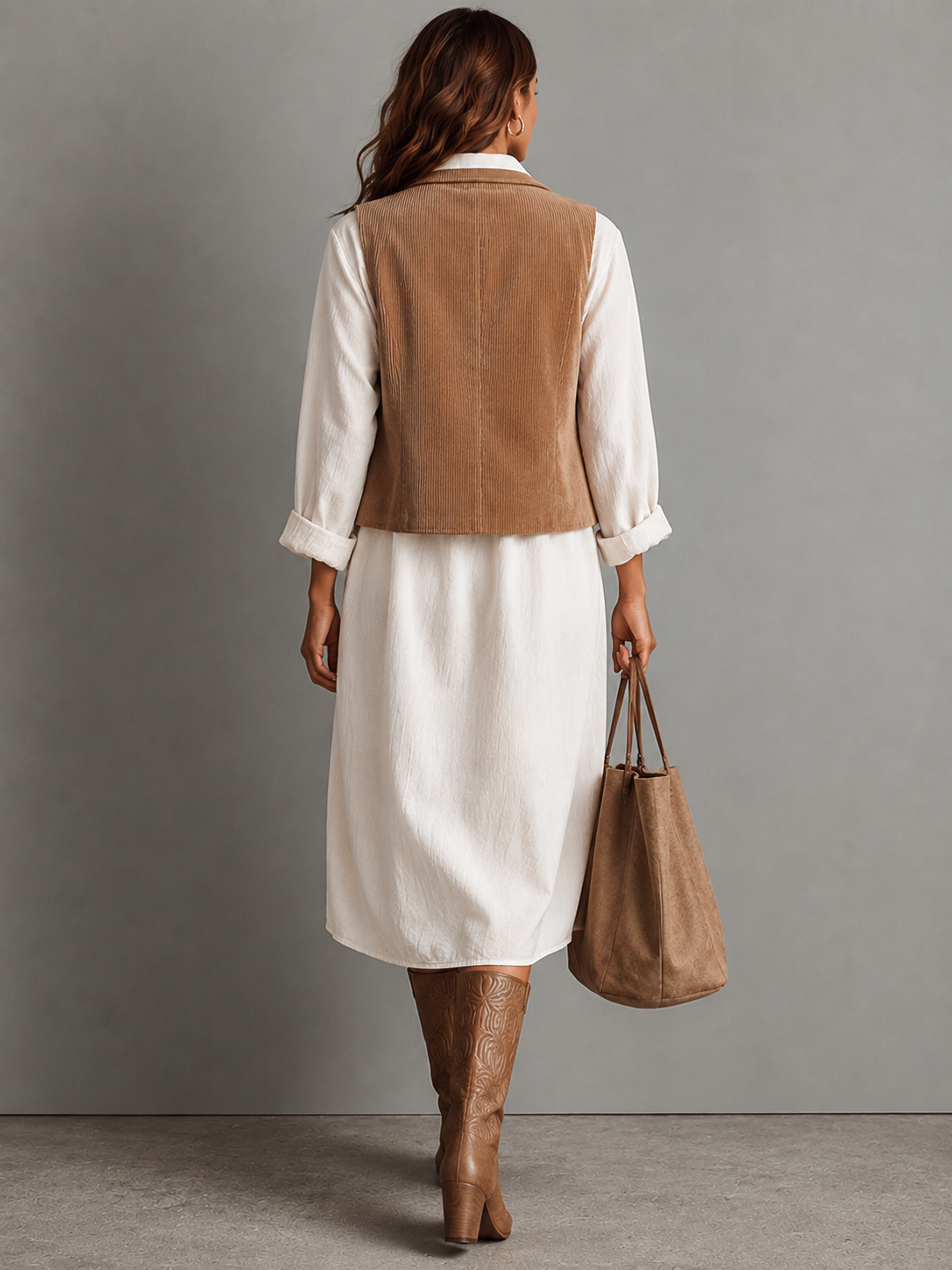 Conjunto de Dos Piezas: Chaleco de Pana Marrón y Vestido Midi Camisero Blanco