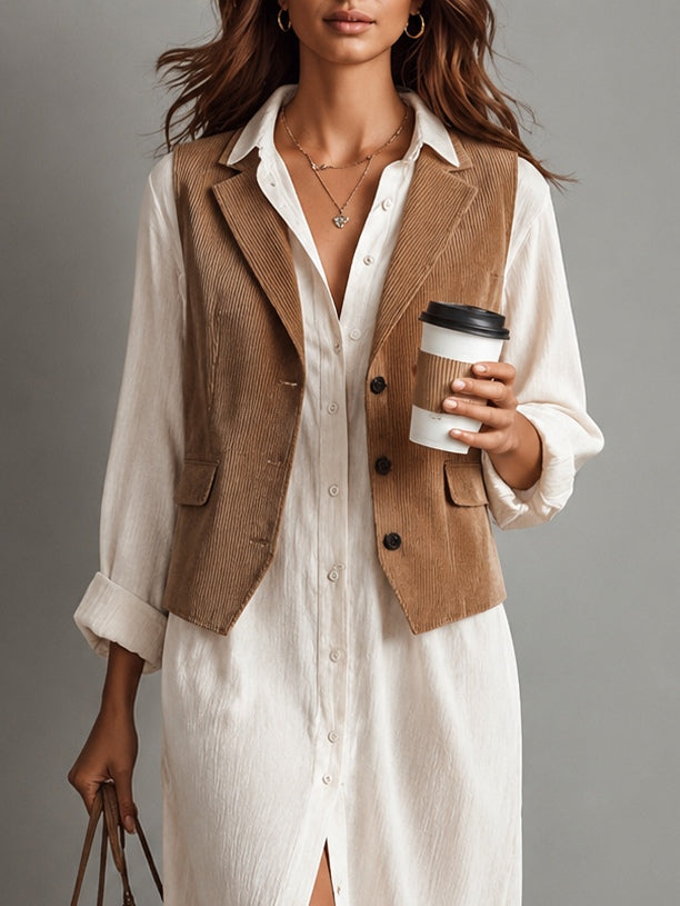 Conjunto de Dos Piezas: Chaleco de Pana Marrón y Vestido Midi Camisero Blanco