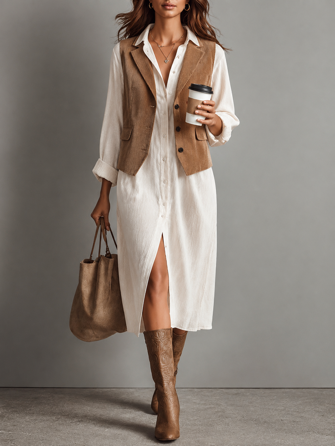 Conjunto de Dos Piezas: Chaleco de Pana Marrón y Vestido Midi Camisero Blanco