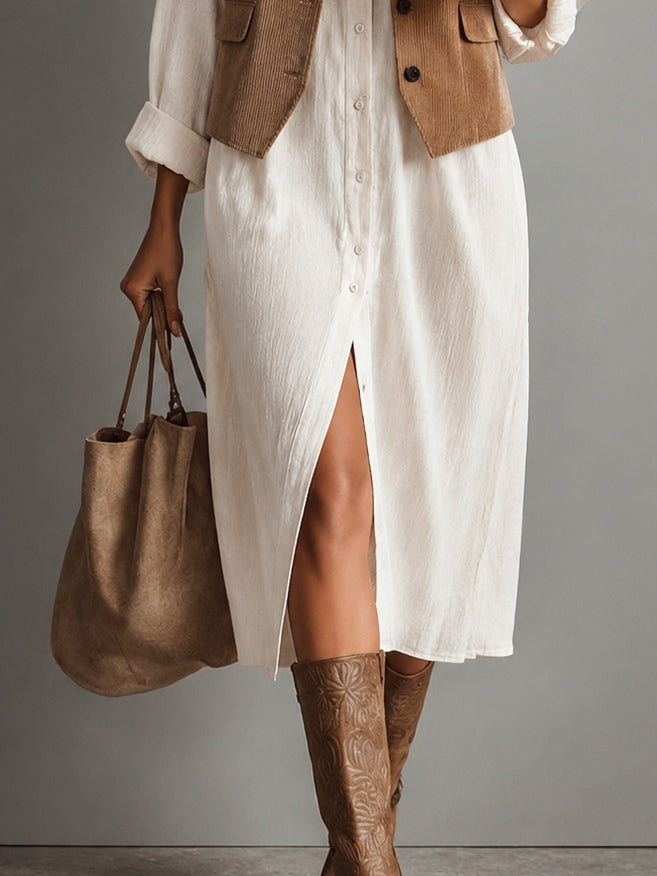 Conjunto de Dos Piezas: Chaleco de Pana Marrón y Vestido Midi Camisero Blanco