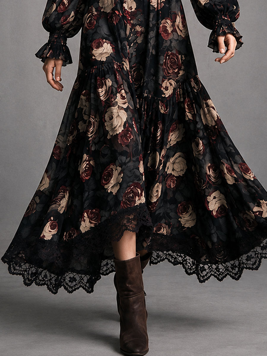 Vestido Maxi Negro con Estampado de Rosas, Ribete de Encaje y Cintura Fruncida