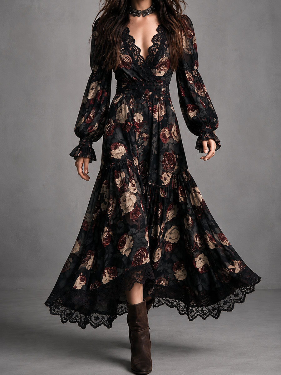 Vestido Maxi Negro con Estampado de Rosas, Ribete de Encaje y Cintura Fruncida