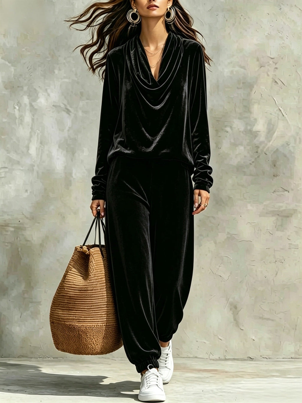 Conjunto Negro de Terciopelo: Top de Cuello Drapeado y Pantalón Holgado con Puño