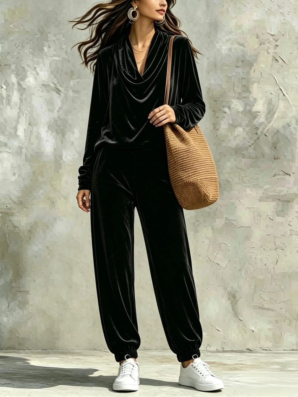 Conjunto Negro de Terciopelo: Top de Cuello Drapeado y Pantalón Holgado con Puño