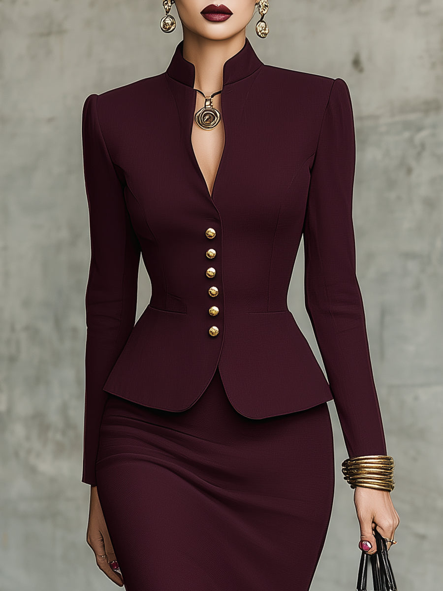 Conjunto Burdeos: Top y Falda con Bajo de Volantes y Botones Dorados