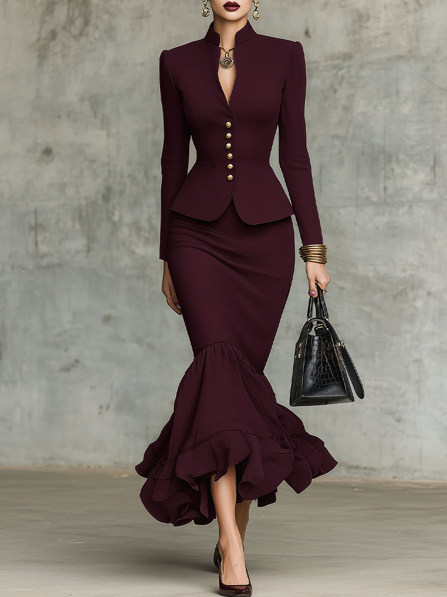 Conjunto Burdeos: Top y Falda con Bajo de Volantes y Botones Dorados