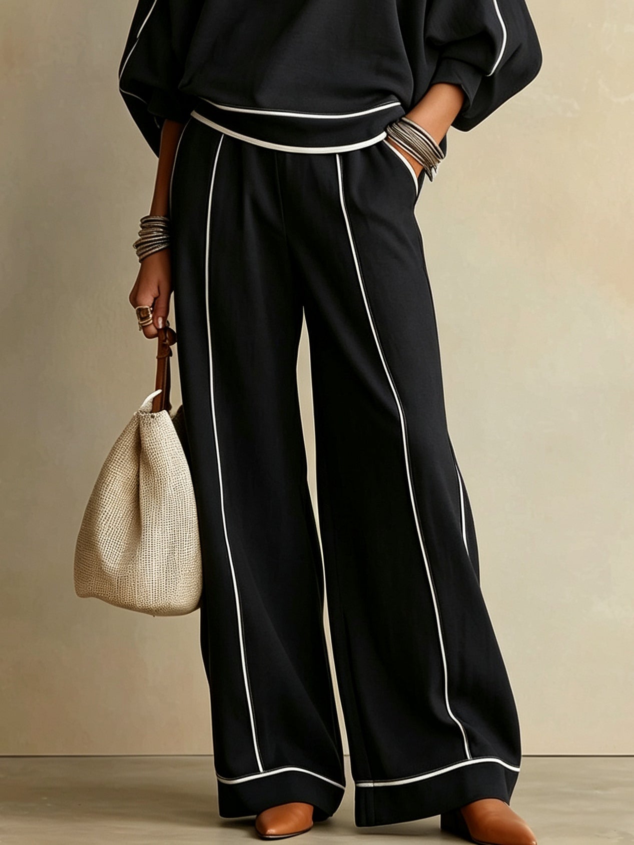 Conjunto Casual de Dos Piezas Blanco y Negro: Top de Hombros Descubiertos con Bloques de Color y Pantalón Ancho