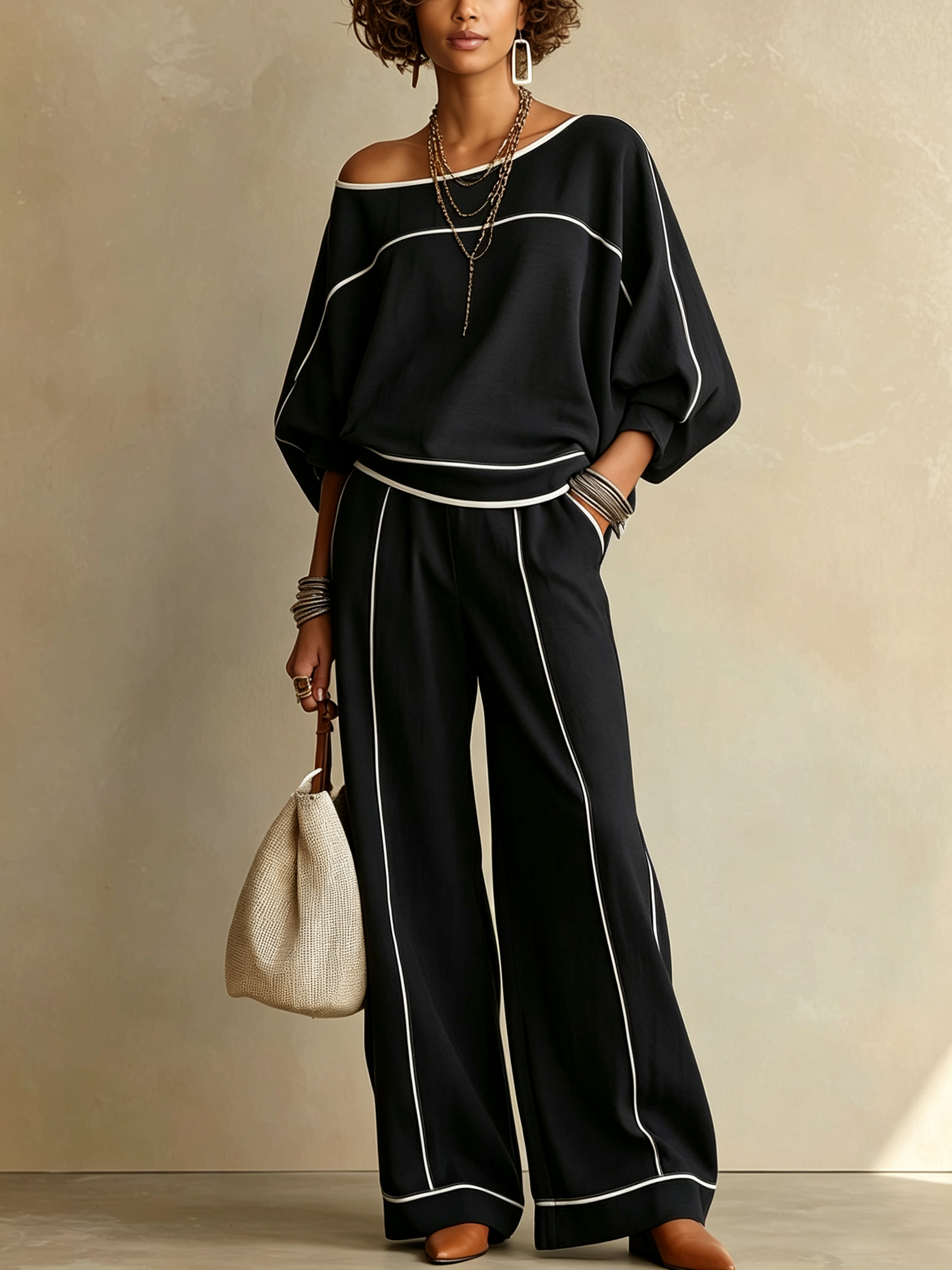 Conjunto Casual de Dos Piezas Blanco y Negro: Top de Hombros Descubiertos con Bloques de Color y Pantalón Ancho