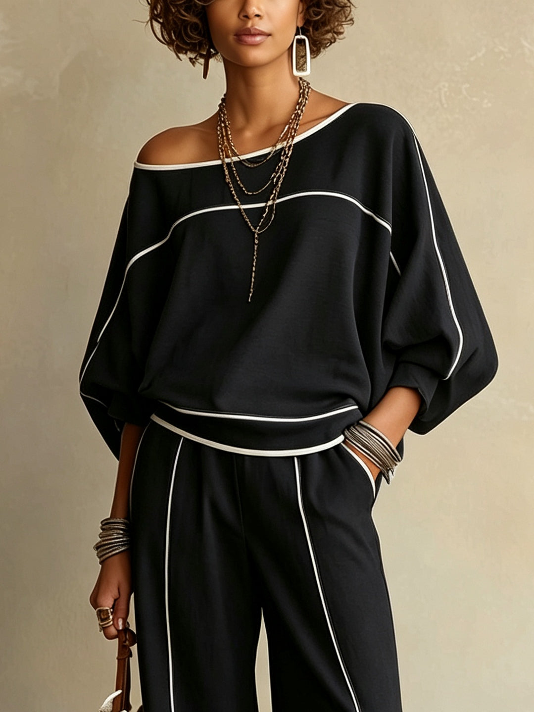 Conjunto Casual de Dos Piezas Blanco y Negro: Top de Hombros Descubiertos con Bloques de Color y Pantalón Ancho