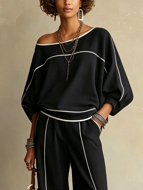 Conjunto Casual de Dos Piezas Blanco y Negro: Top de Hombros Descubiertos con Bloques de Color y Pantalón Ancho