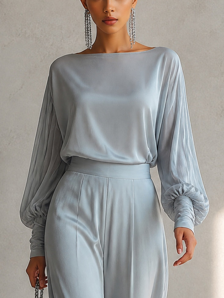 Conjunto Azul Grisáceo Satinado: Top de Hombros Descubiertos con Mangas Farol y Pantalón Ancho de Talle Alto
