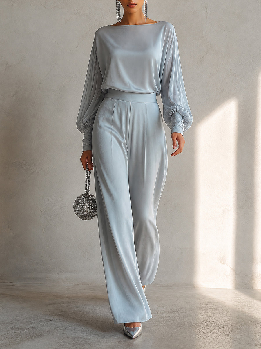 Conjunto Azul Grisáceo Satinado: Top de Hombros Descubiertos con Mangas Farol y Pantalón Ancho de Talle Alto