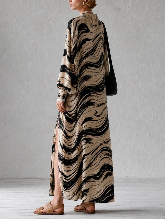 Vestido Maxi Suelto de Corte Recto con Estampado Abstracto Albaricoque y Aberturas Laterales