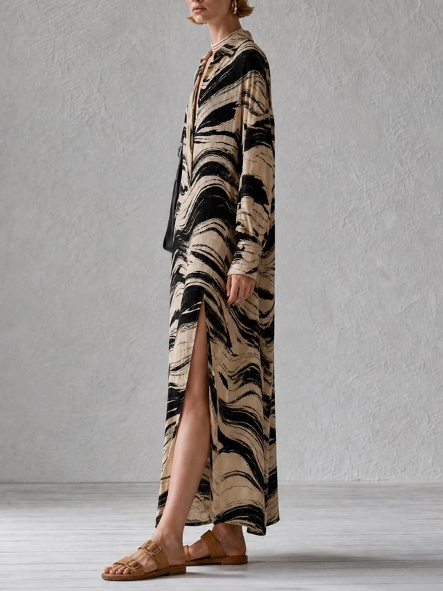 Vestido Maxi Suelto de Corte Recto con Estampado Abstracto Albaricoque y Aberturas Laterales