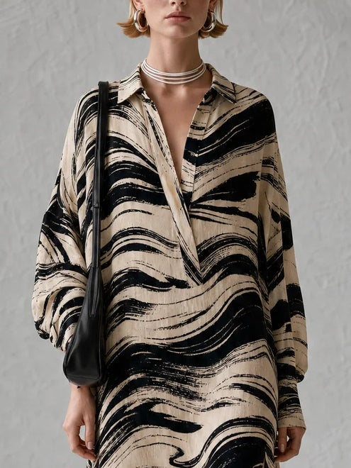 Vestido Maxi Suelto de Corte Recto con Estampado Abstracto Albaricoque y Aberturas Laterales