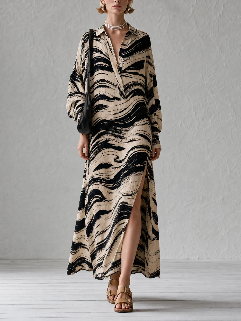 Vestido Maxi Suelto de Corte Recto con Estampado Abstracto Albaricoque y Aberturas Laterales