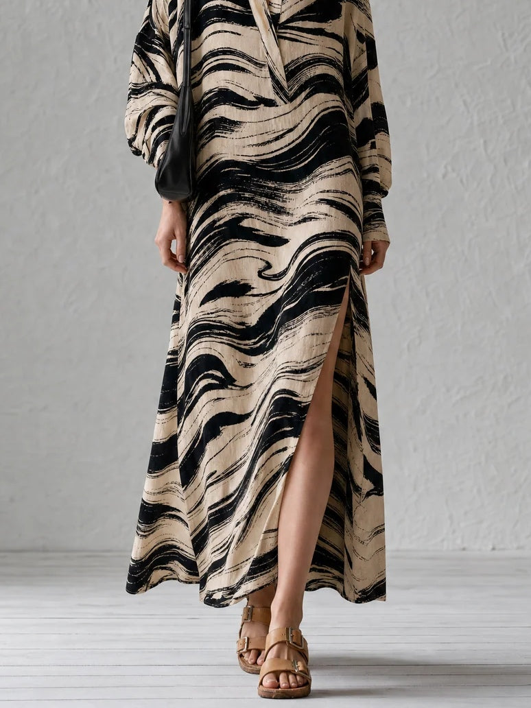 Vestido Maxi Suelto de Corte Recto con Estampado Abstracto Albaricoque y Aberturas Laterales