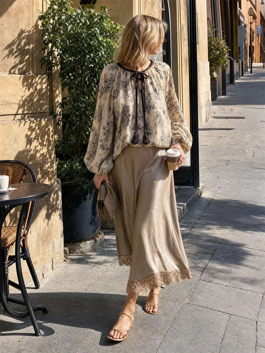 Conjunto Beige: Top Cruzado Estampado Paisley con Mangas Farol y Falda de Encaje Satinado Champán