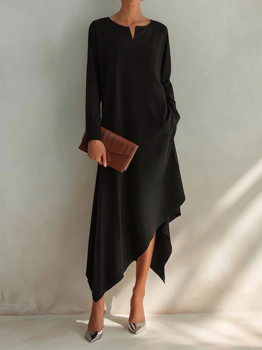 Vestido Midi Negro de Escote en V, Manga Larga y Bajo Asimétrico