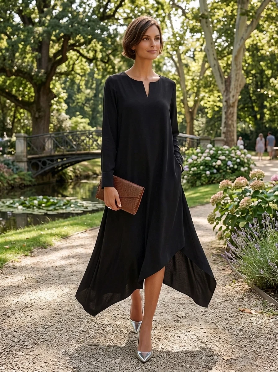 Vestido Midi Negro de Escote en V, Manga Larga y Bajo Asimétrico