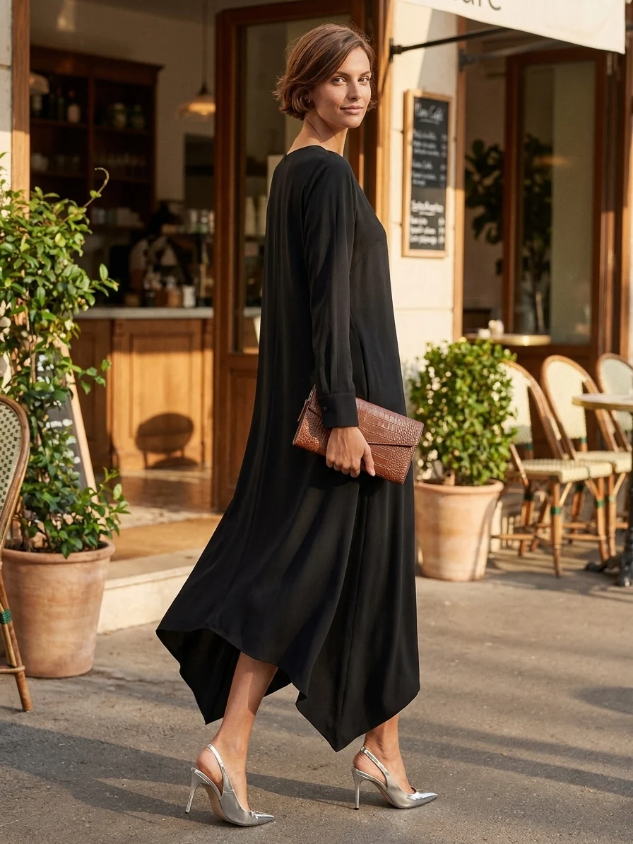 Vestido Midi Negro de Escote en V, Manga Larga y Bajo Asimétrico