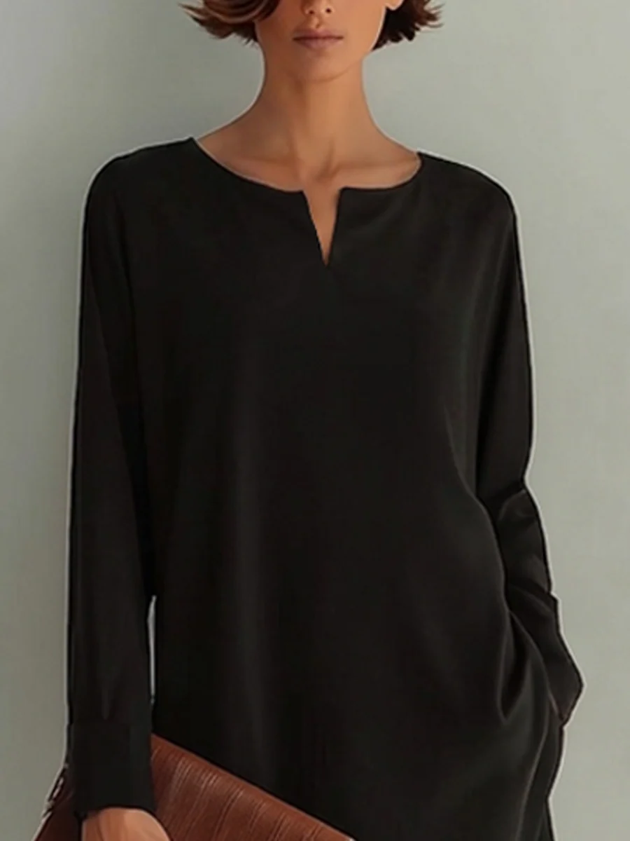 Vestido Midi Negro de Escote en V, Manga Larga y Bajo Asimétrico