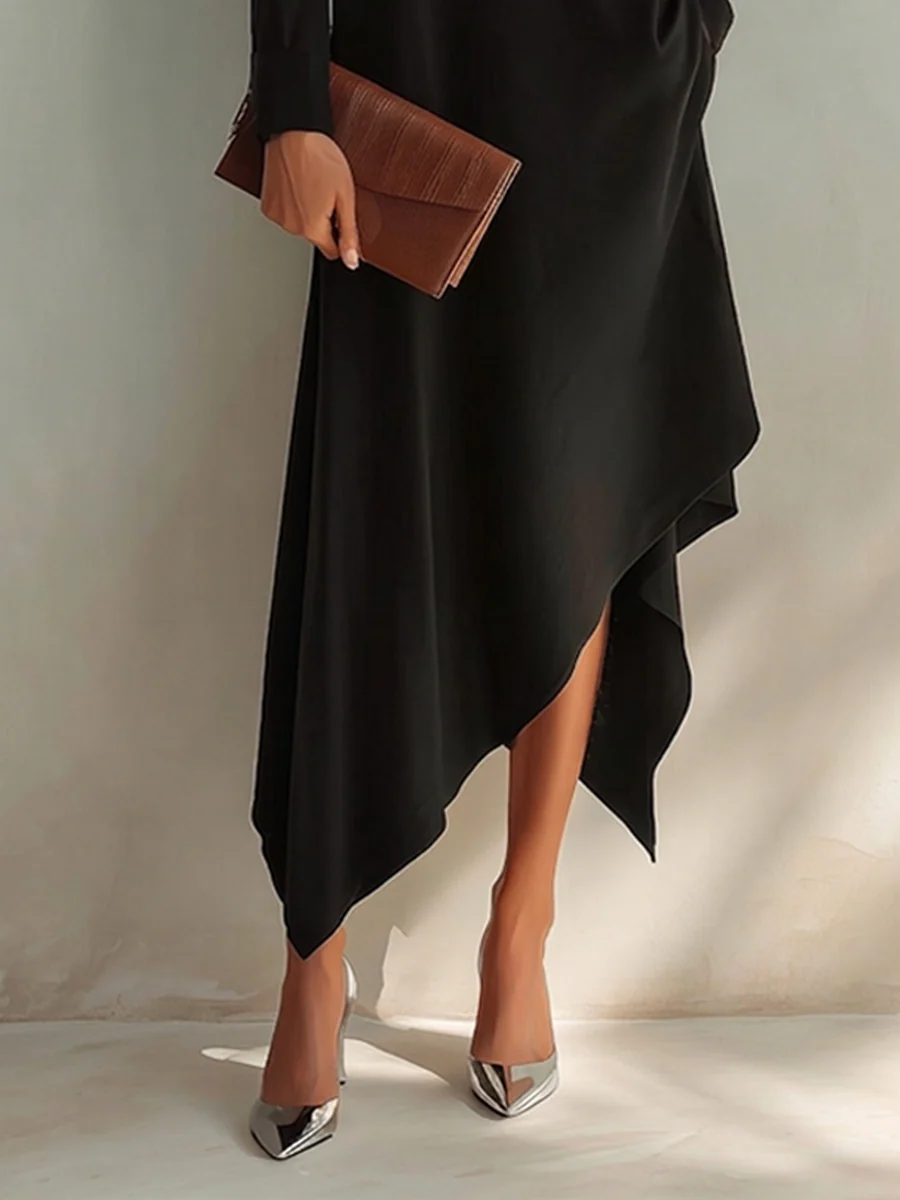 Vestido Midi Negro de Escote en V, Manga Larga y Bajo Asimétrico