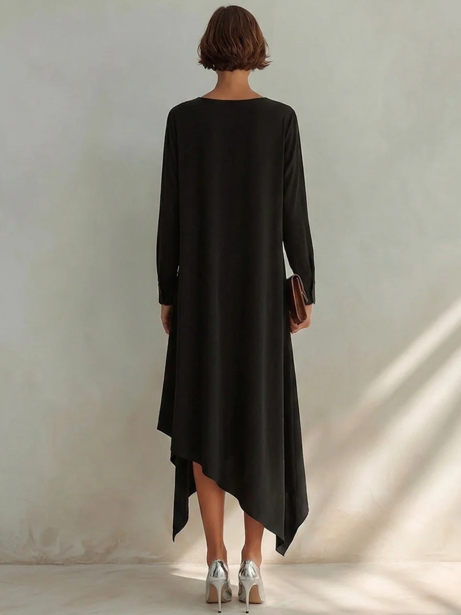 Vestido Midi Negro de Escote en V, Manga Larga y Bajo Asimétrico