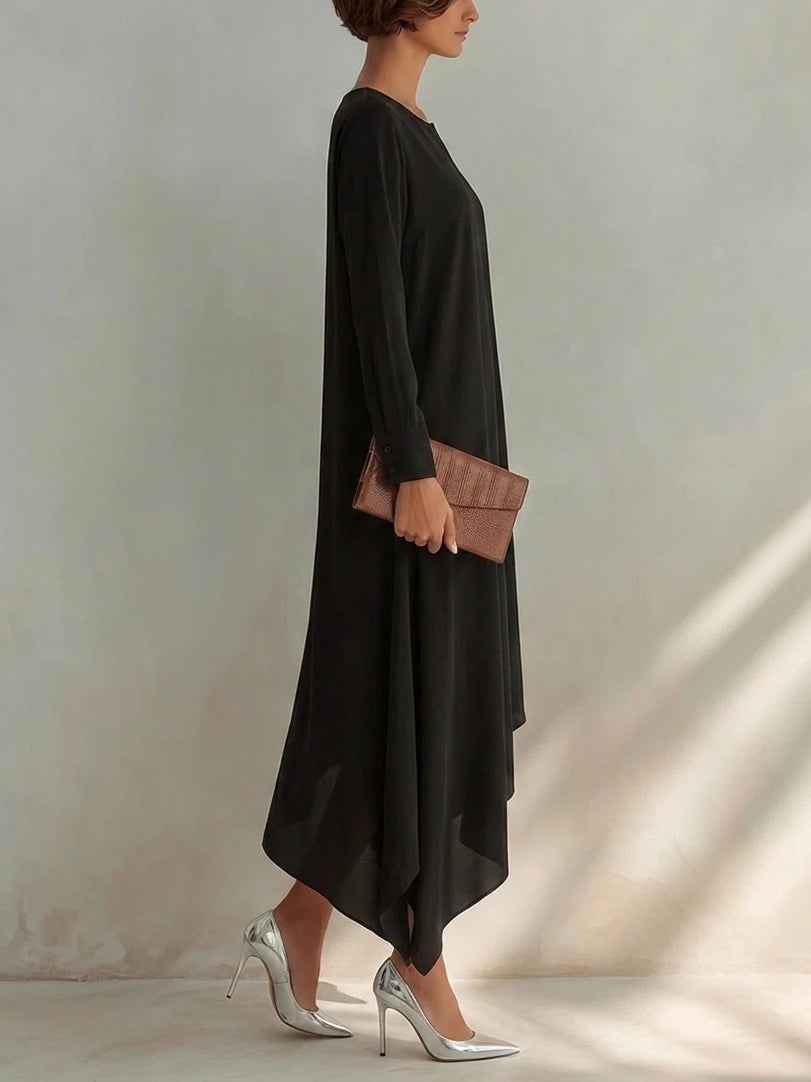 Vestido Midi Negro de Escote en V, Manga Larga y Bajo Asimétrico
