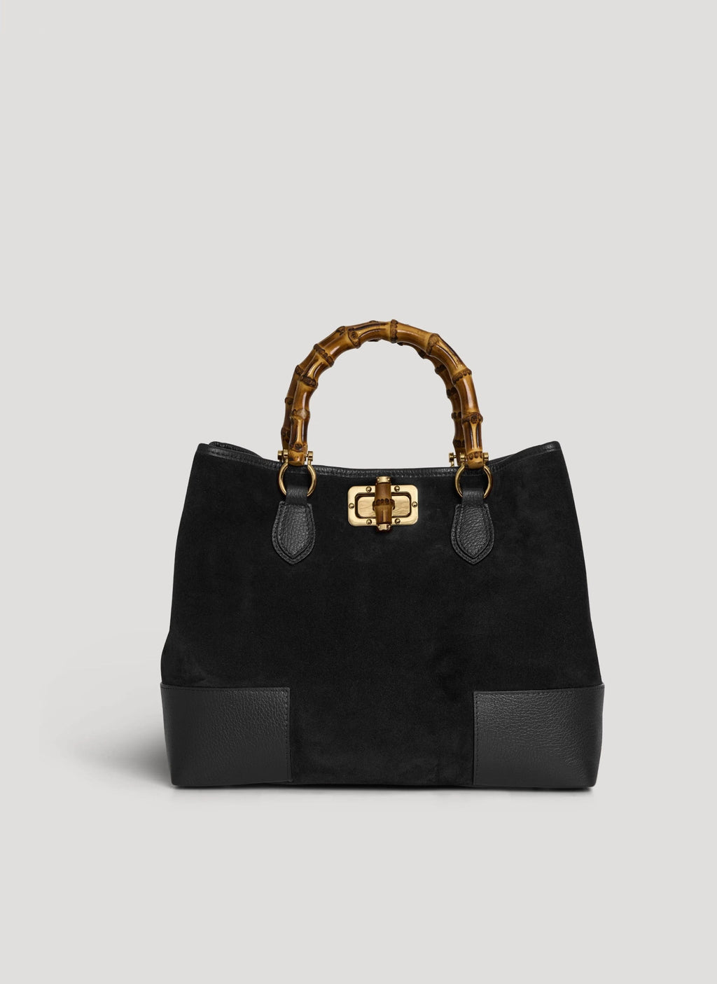 Bolso de Ante y Piel Negro con Asas de Bambú y Herrajes Dorados