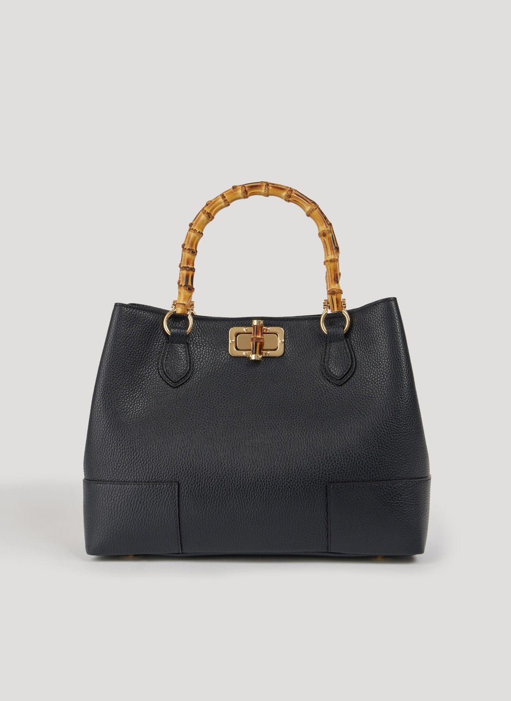 Bolso de Piel Martilleada Negra con Asas de Bambú y Herrajes Dorados