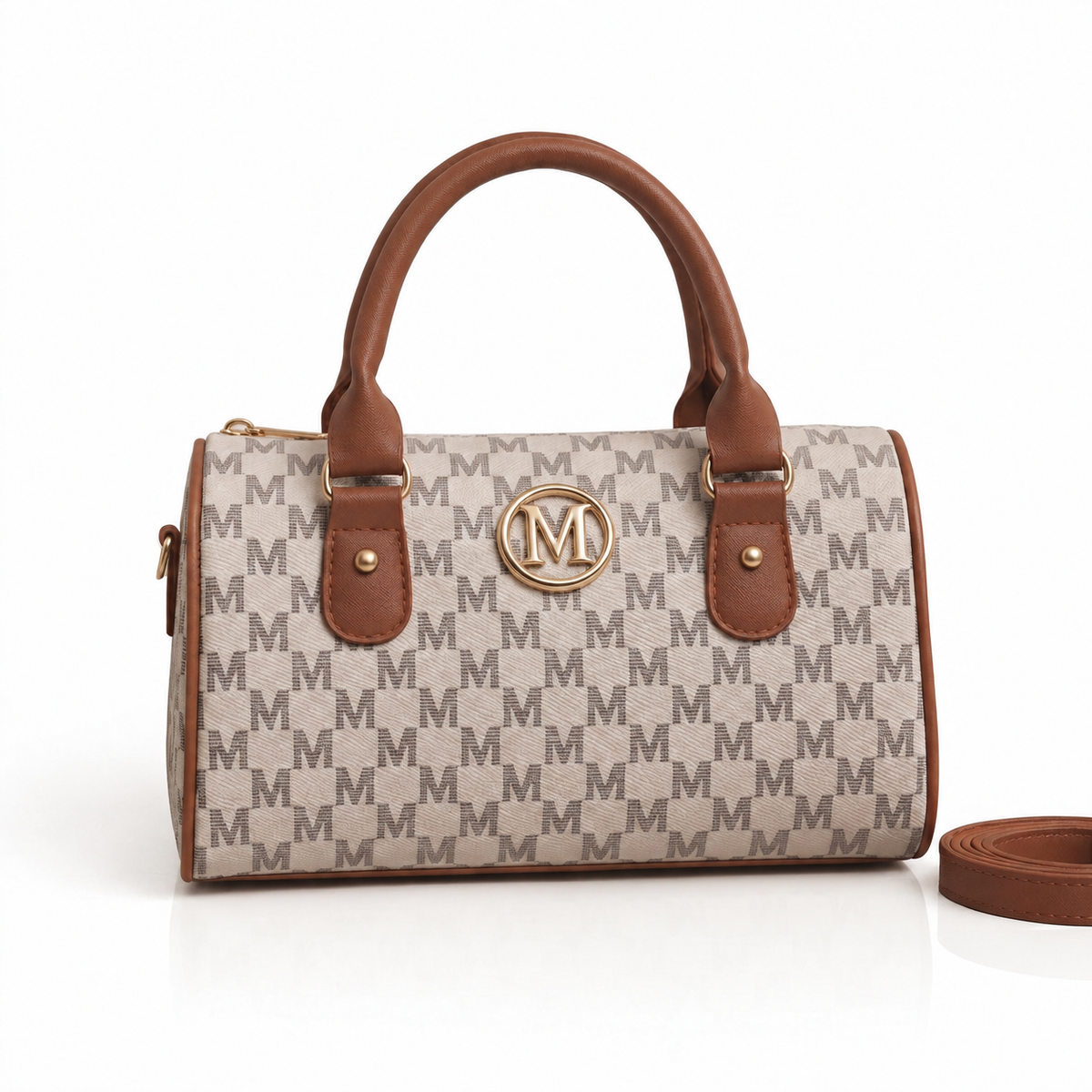 Bolso de Hombro con Monograma Dorado y Estampado de Cuadros