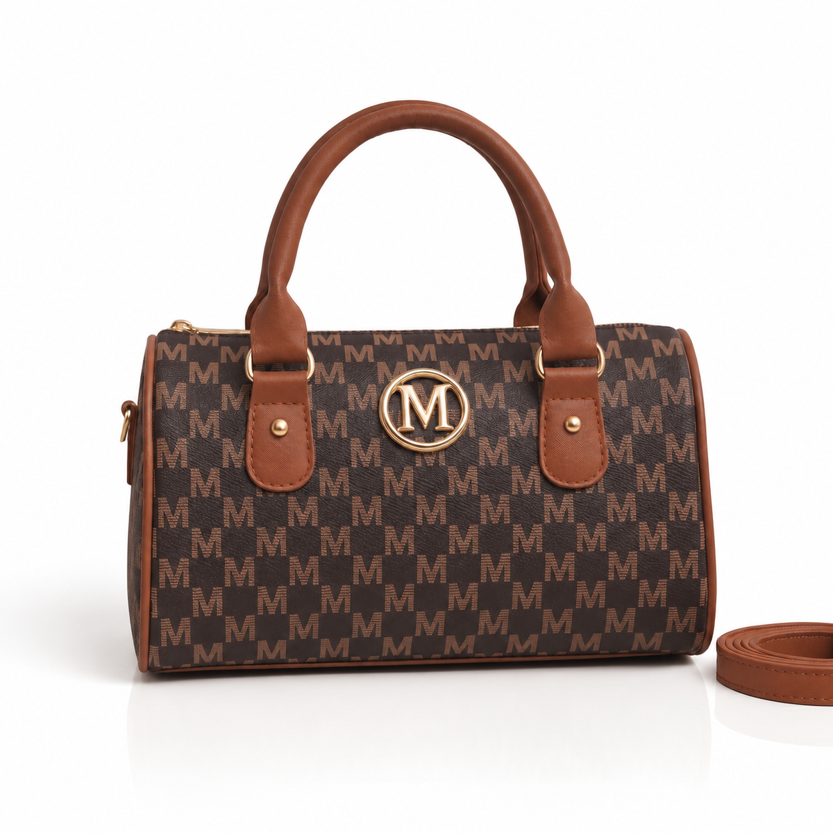 Bolso de Hombro con Monograma Dorado y Estampado de Cuadros
